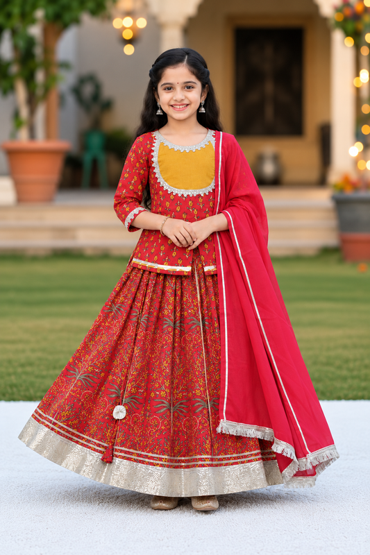 Red Mughal Boota, screen printed Lehnga Choli set
