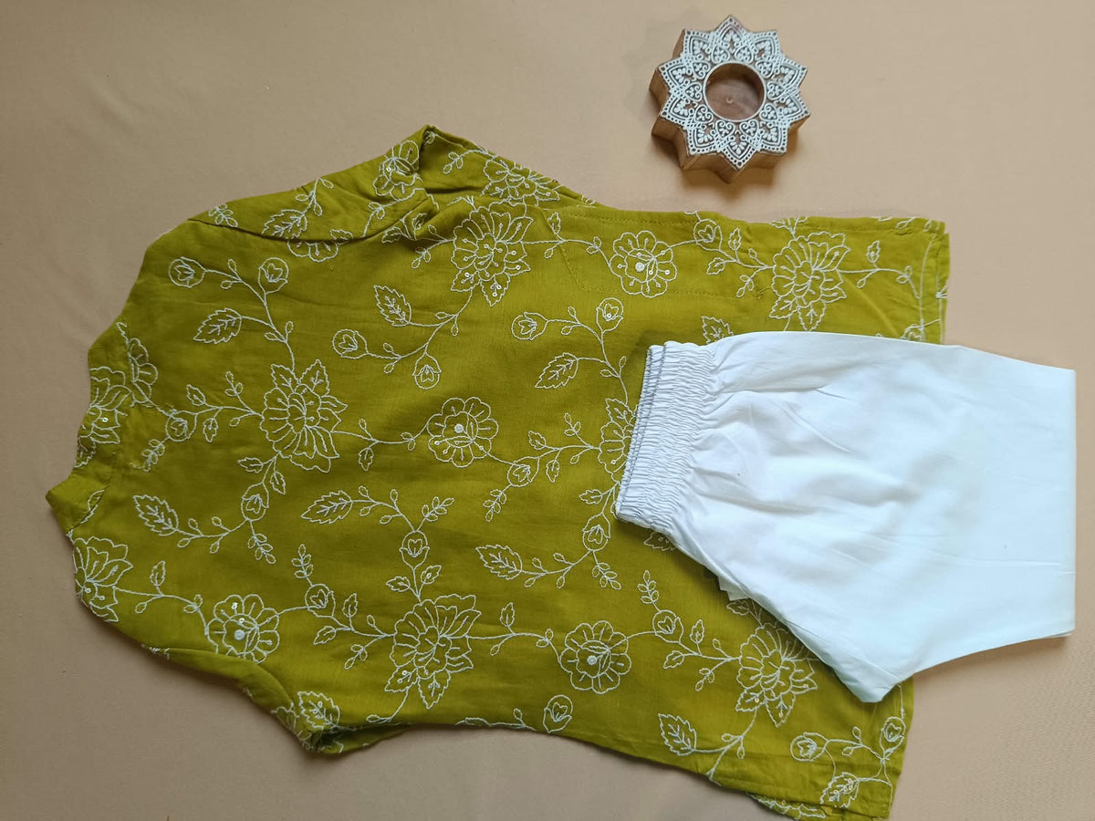 Embroided  Mul cotton Lime Greencoloured  Kurta with embroided Pajama