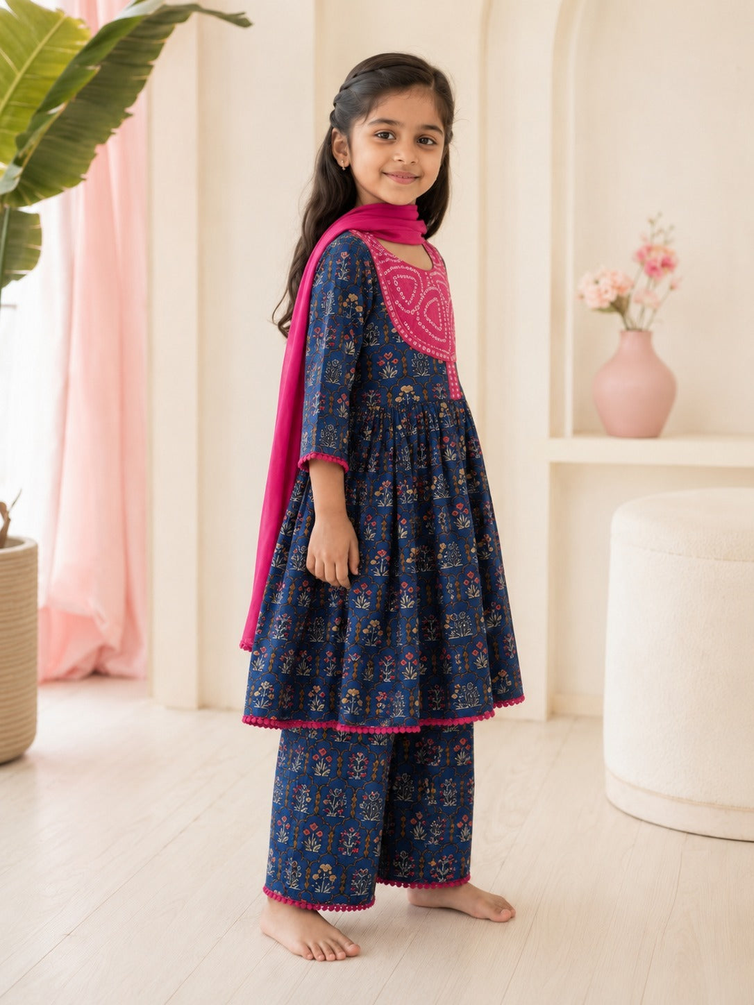 Navy Blue ColourMughal Boota, screen printed Girls Flare Suit Set