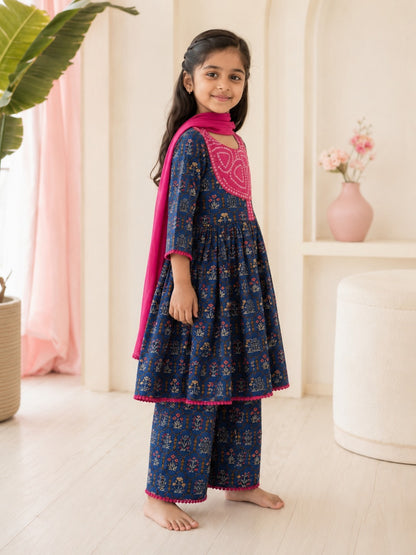 Navy Blue ColourMughal Boota, screen printed Girls Flare Suit Set