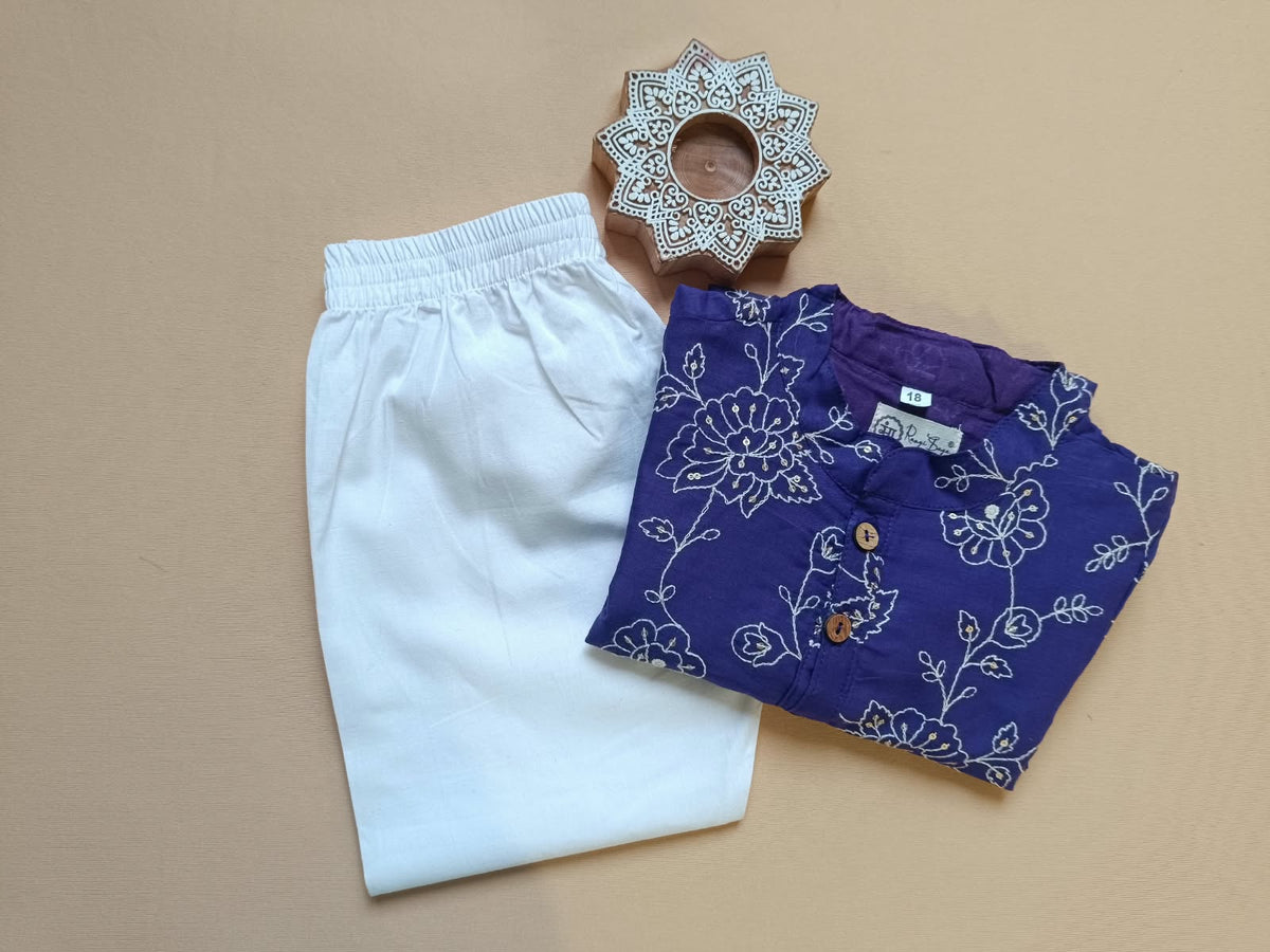 Embroided  Mul cotton violet coloured  Kurta with embroided Pajama