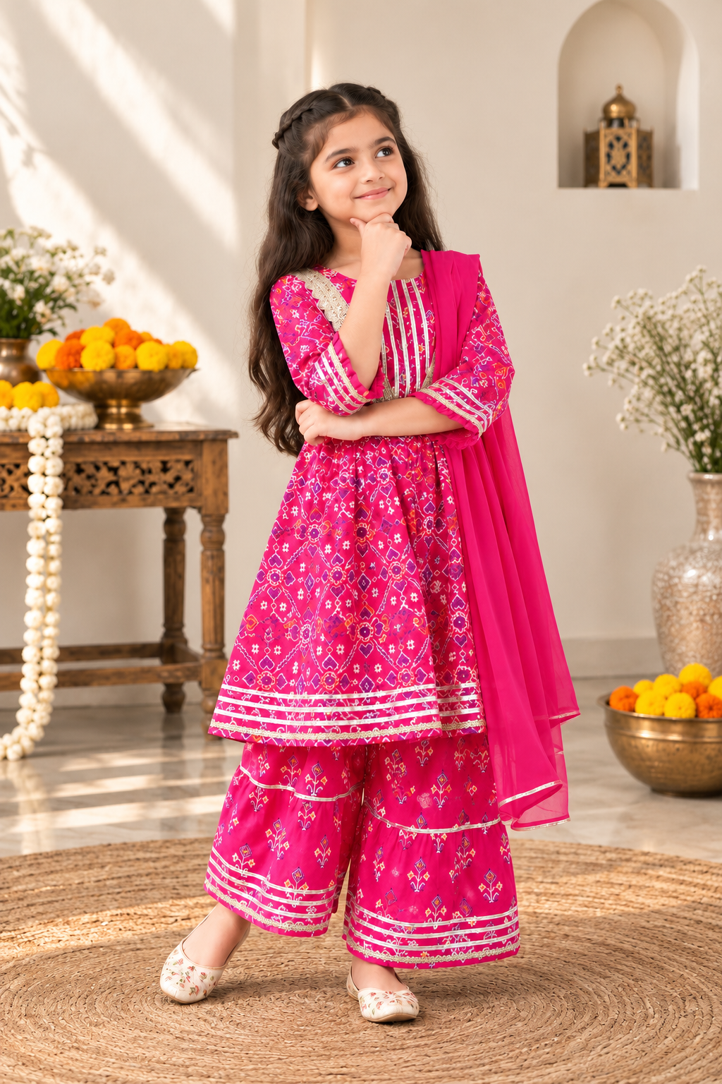 Patola printed, Pink colored flared kurti with sharara and dupatta
