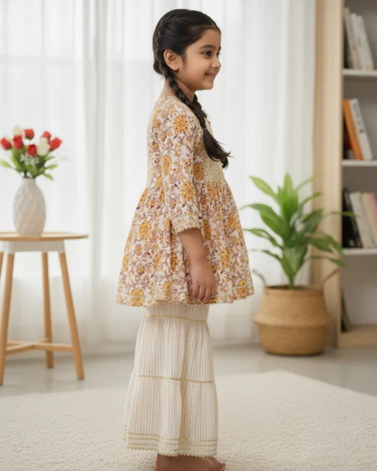 Screen Print Yellow Color Anarkali suit With Sharara