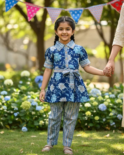 Flower Print Blue Colour Girls Co-Ords