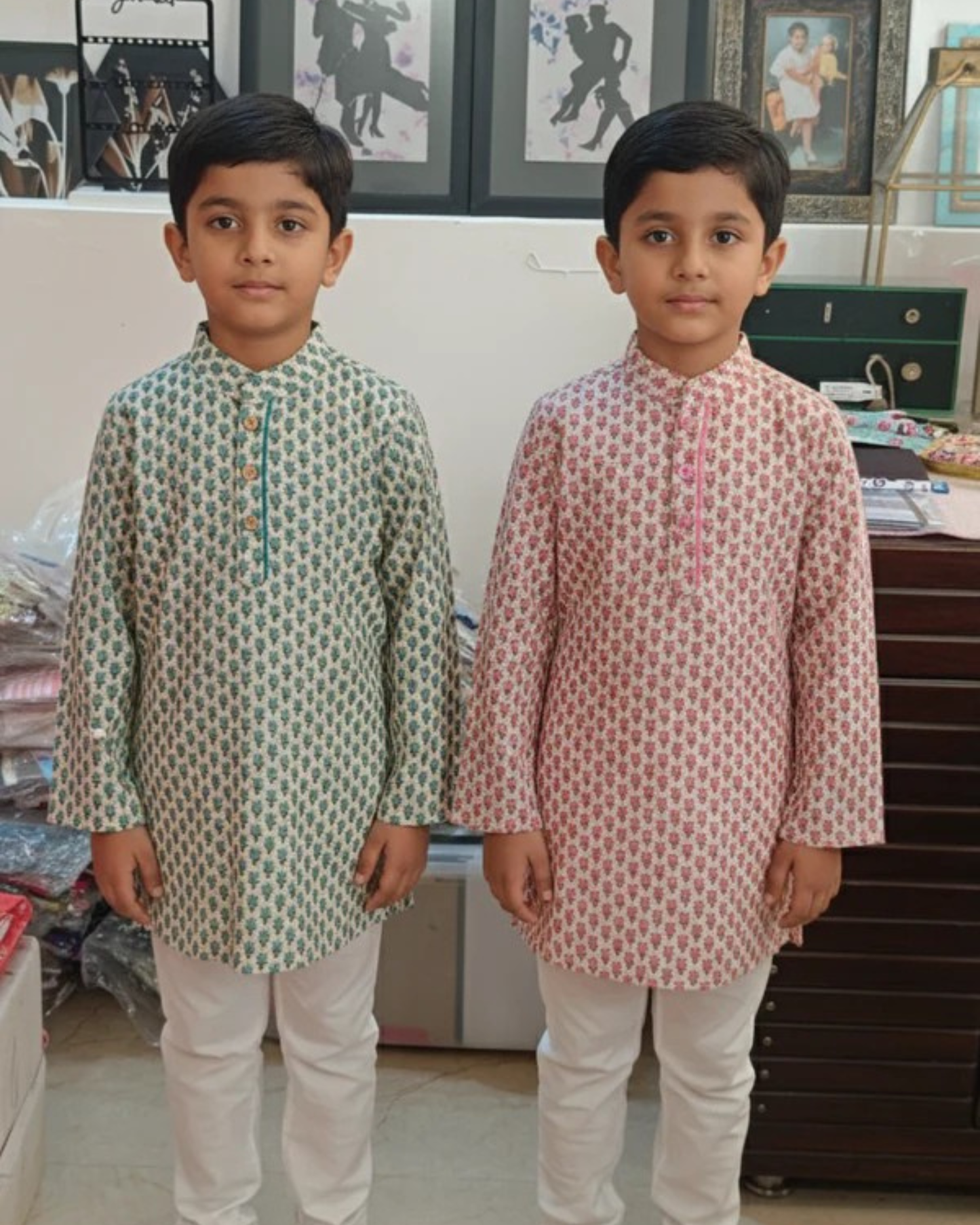 Pink Block Printed Boy's Kurta