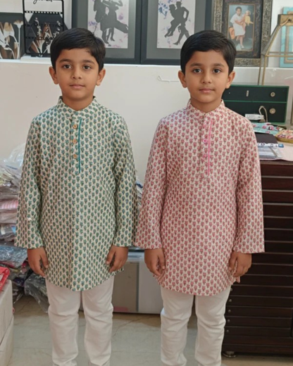 Pink Block Printed Boy's Kurta